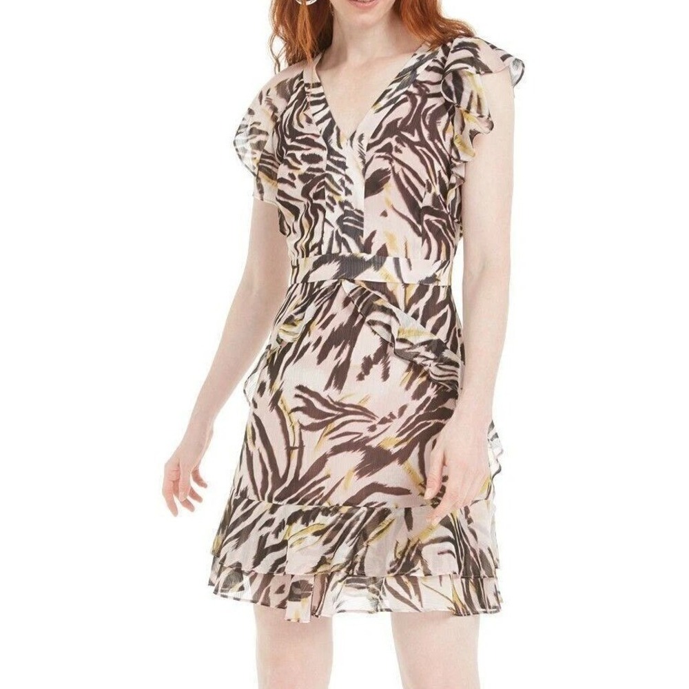 bar III Mini Dress Sz 6 Pink Abstract Animal Print Ruffle Flutter Party
